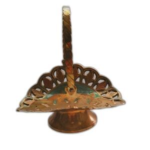 Brass Basket with Hand Painted Flowers in the Cloisonne Style~Vintage~